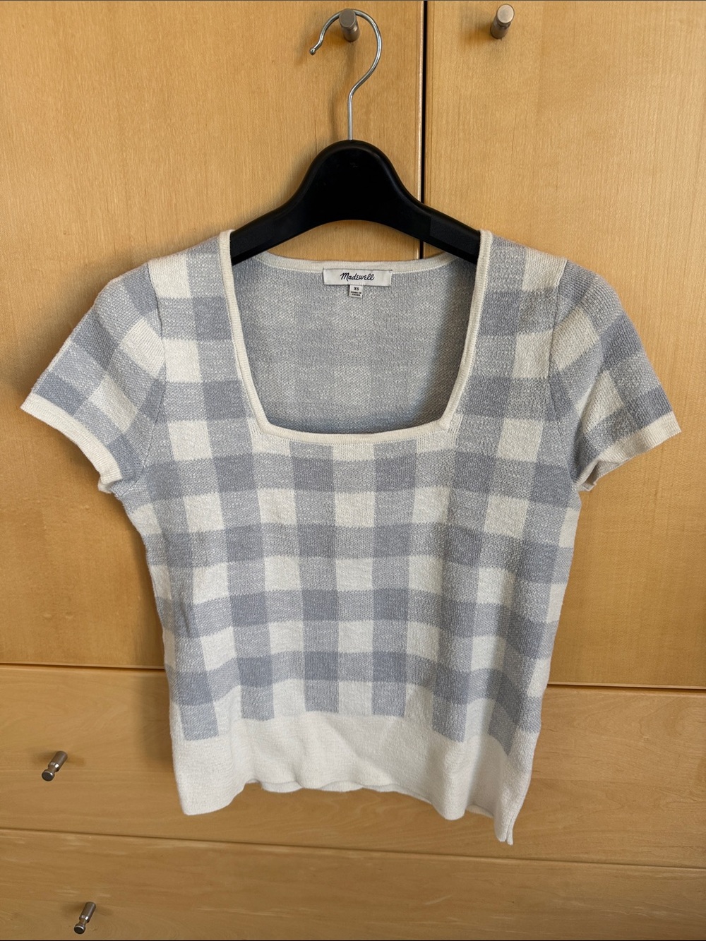 Madewell Blue and White Check Square-Neck Knit Tee XS Like New